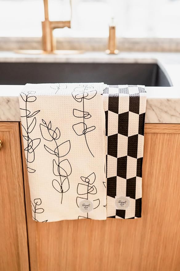 || 3 Pack|| Double Sided || Not Your Ordinary Dish Towels || Waffle Weave Microfiber || Highly Absorbent || Hanging Loop || Dish Cloths || Modern || Designer Prints (Black)