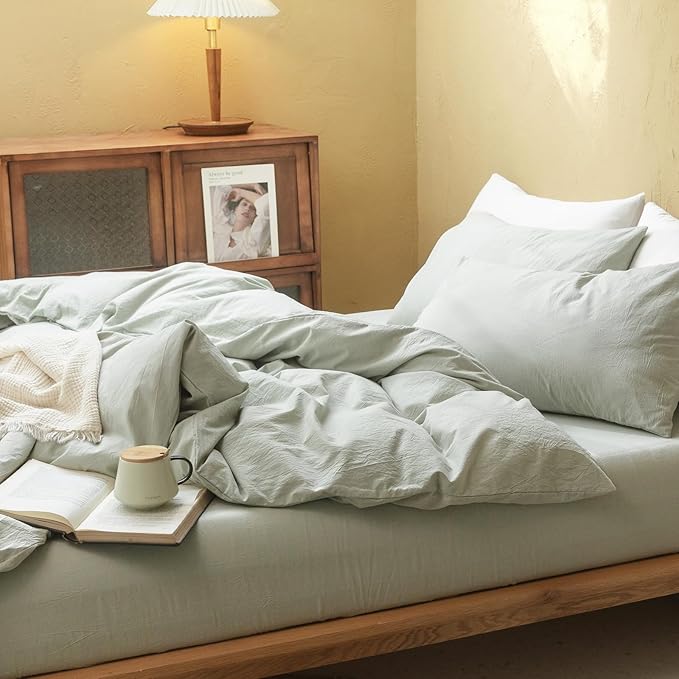 FOSSA Duvet Cover Set 100% Washed Cotton Linen Feel Super Soft Breathable Cozy 3 Pieces Bedding Sets Solid Sage Green Twin
