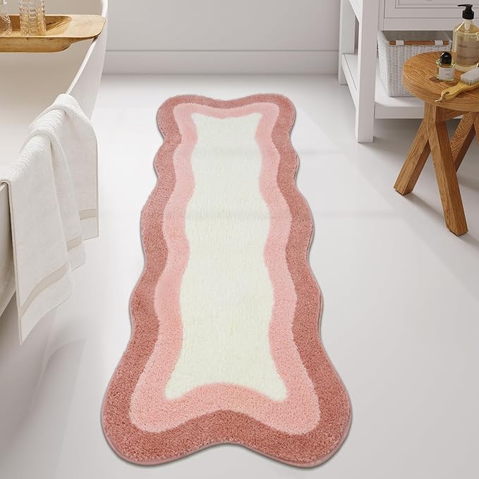 HAOCOO Pink Bathroom Rug Runner, 24x59 Inch Soft Non Slip Bath Rugs for Bathroom, Microfiber Absorbent Washable Irregular Shaped Rug Floor Mat for Bedroom Bathtub Tub Shower