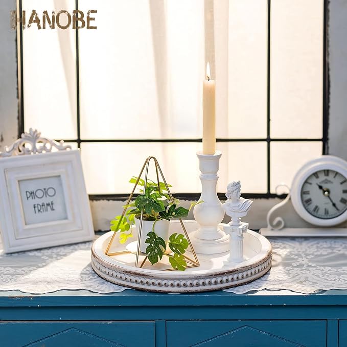 Hanobe Candle Tray Holder Decorative: Round Coffee Table Home Decor Centerpiece Boho White Serving Trays for Living Room Kitchen