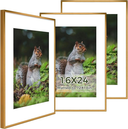 Golden State Art 16x24 Picture Frame 3 Pack - Aluminum Frames with 12x18 Removable Mats & Real Glass, Display 16x24 Posters or 12x18 Photos - Bronze Gallery Wall Frames for Home Office Decor