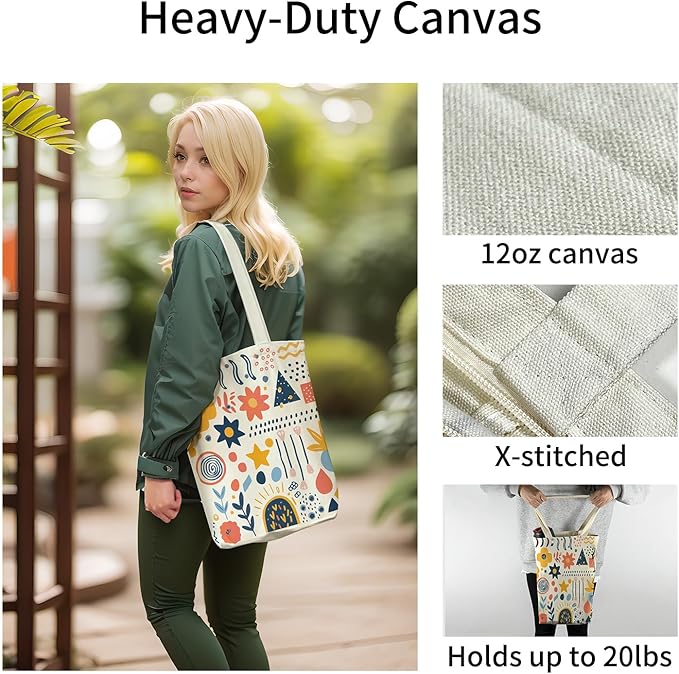 Canvas Tote Bag for Women, Aesthetic Tote Bag with Zipper Pocket for Grocery Travel Work Gift, Canvas Shopping Bag