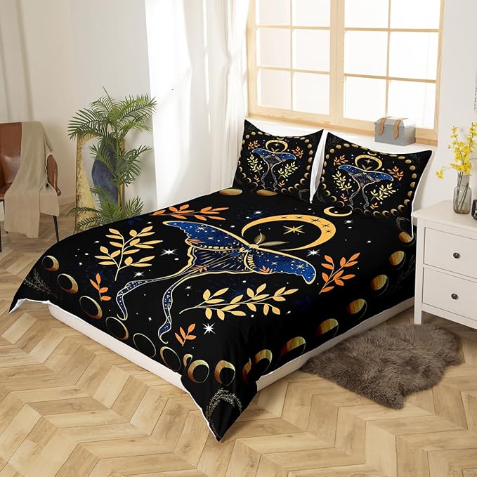 Castle Fairy Gothic Moth Bedding Set King Size for Woman Men,Bohemian Stars Moon Starry Galaxy Comforter Cover with 2 Pillowcases,Leaves Botanical Exotic Duvet Cover Set Microfiber Quilt Cover