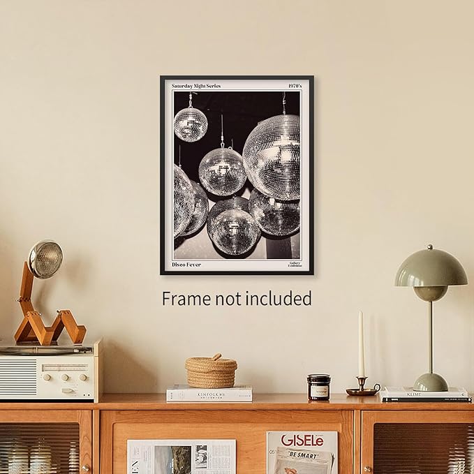 Sufeasdf 70s Disco Ball Newspaper Wall Art Vintage Black and White Art Posters Funky Aesthetic Canvas Prints Retro Bar Cart Decor for Bar Bedroom 08x10 inch Unframed
