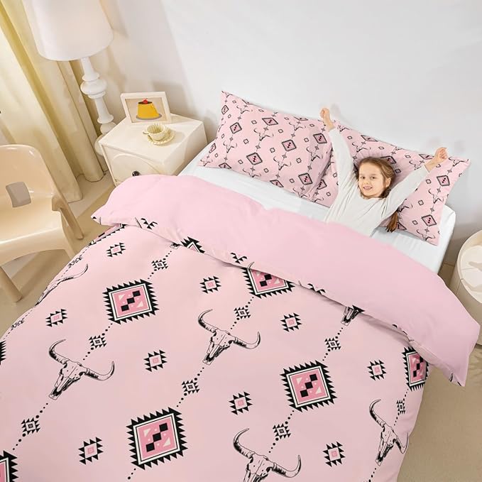 Castle Fairy Tribal Geometry Duvet Cover Twin Size,Western Farmhouse Native Ethnic 2 Pcs Quilt Cover(No Filler),Cowgirl Pink Bedding Set with 1 Pillowcase,Southwest Tribal Aztec Kids Room Decor