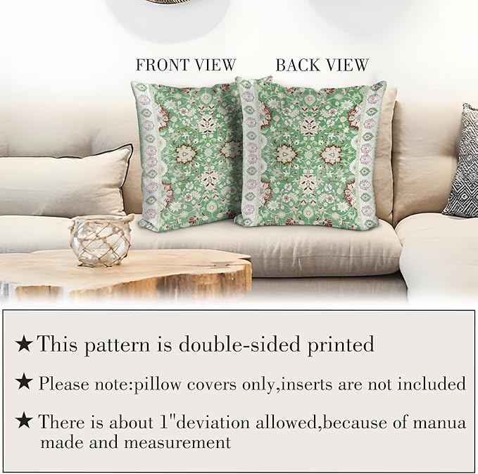 Boho Floral Throw Pillow Covers 16x16 inch Set of 2,Green Boho Rug Geometric Floral Pattern Decor Double Sided Pattern Cushion Cover Soft Pillow Case Living Sofa Room Bed Square Pillow Cover