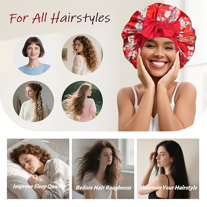 Silk Bonnet for Sleeping Women Satin Hair Cap with Tie Brand Curly Hair Sleep Protection Silk Head Wrap Double Layer - Red