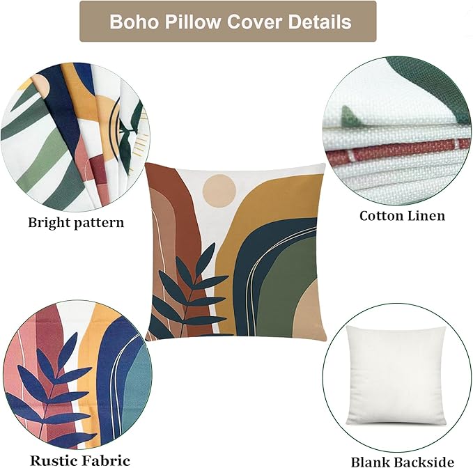 COMMINY Abstract Boho Pillow Covers 20x20 Set of 6 Decorative Sunset Leaves Throw Pillow Cover for Couch Minimalist Modern Cushion Cover for Sofa Bed Living Room Home Decor, Nordic