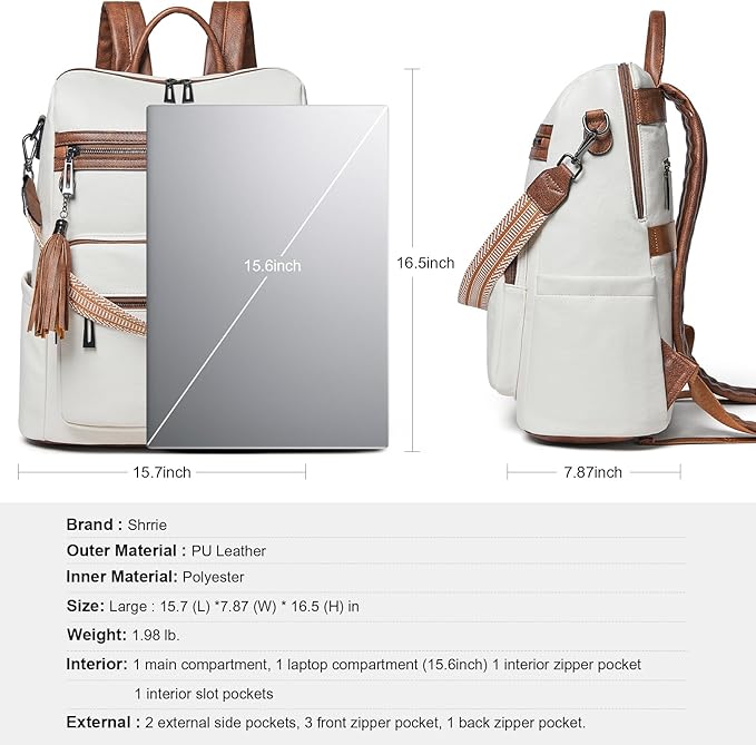Shrrie 15.6 inch Laptop Backpack for Women,Large Leather Backpack Purse,Travel,Carry on,Water Resistant Casual Laptop Backpacks,College Backpack,Work Backpack for Women,Beige with Brown