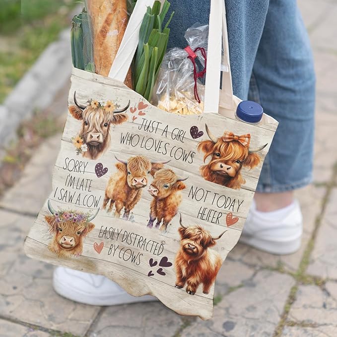 Western Highland Cow Canvas Tote Bag - Highland Cow Lover Gifts,Canvas Shoulder Bag for Women for Girls