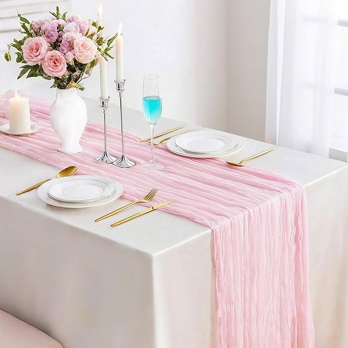 Light Pink Cheesecloth Table Runner Boho Gauze Cheese Cloth Runner 13.3FT Sheer Table Runner Summer Wedding Dining Decorations for Holiday Birthday Baby Shower Event Table Decorations for Party