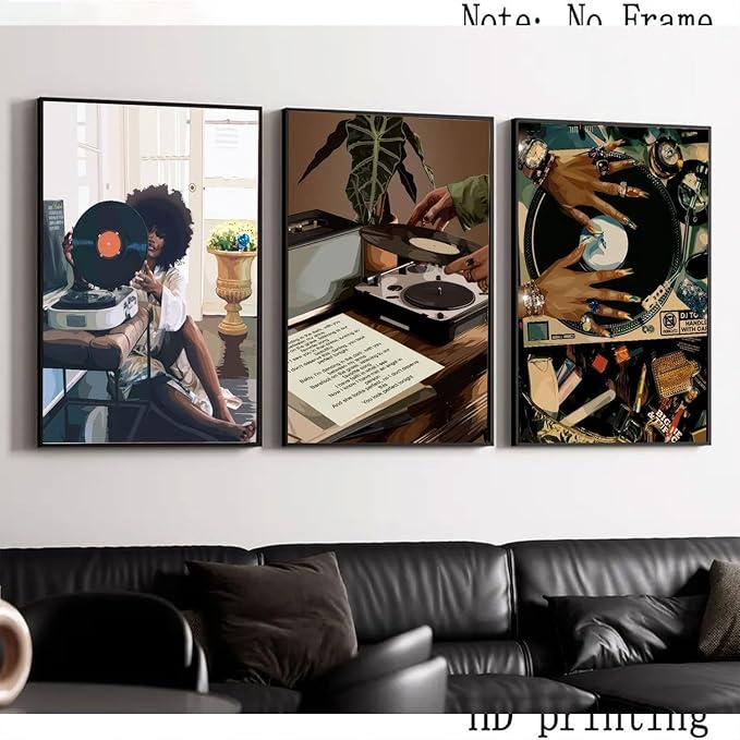 3Pcs Black Woman Art Poster African American Women Canvas Wall Art Funky Black Girl Record Music Posters prints for Modern Black Woman Bedroom Home Decoration 16x24in Unframed