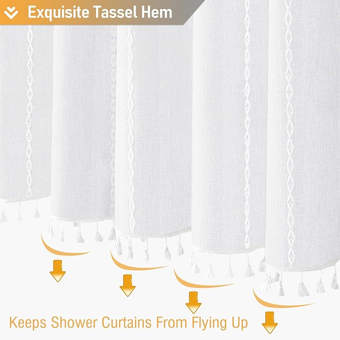 BTTN White Farmhouse Shower Curtain, Boho Linen Striped Heavy Duty Fabric Shower Curtain Set with Tassel, Bohemian Country Ultra Thick Shower Curtain for Bathroom, Wrinkle Free, Water Repellent, 72x72