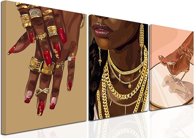 YFvrPt Black Woman Wall Art African American Women Wall Decor Set of 3 Trendy Abstract Black Girl Canvas Poster Prints Aesthetic Pictures for Bedroom Living Room Framed 16x24 inch