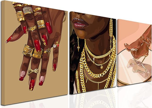 YFvrPt Black Woman Wall Art African American Women Wall Decor Set of 3 Trendy Abstract Black Girl Canvas Poster Prints Aesthetic Pictures for Bedroom Living Room Framed 16x24 inch