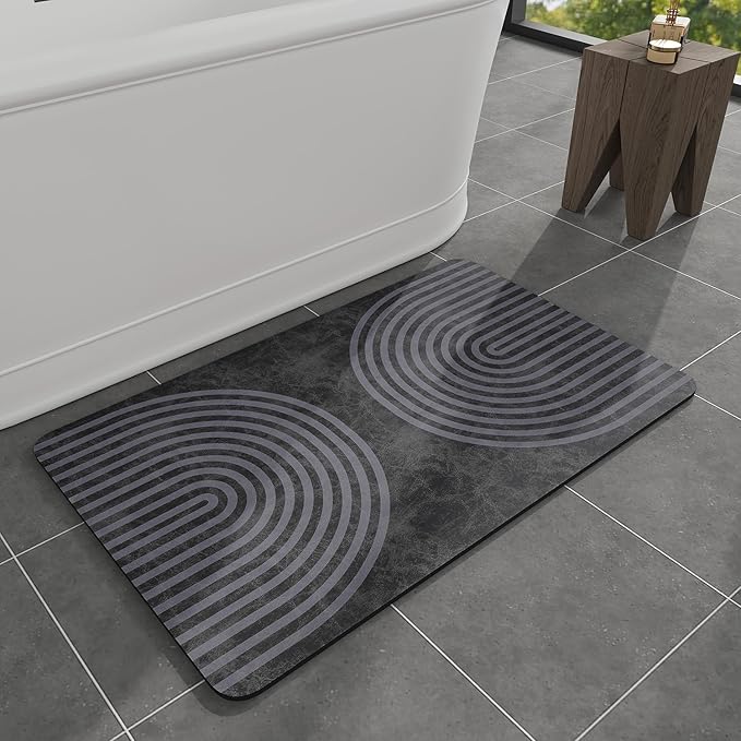 MontVoo -Bath Mat-Non Slip Thin Bathroom Rugs Fit Under Door- Quick Dry Absorbent Faux Suede Surface Grey Bathroom Floor Mats-Shower Rug for in Front of Bathtub Shower Dark Grey Arched 17x27.5
