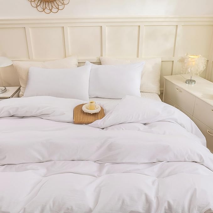 ECOCOTT White Duvet Cover King Size - 100% Washed Cotton Durable Soft Comfy Duvet Cover Set, Lightweight and Breathable with Zipper Closure & Corner Ties (White, 104''x90'')