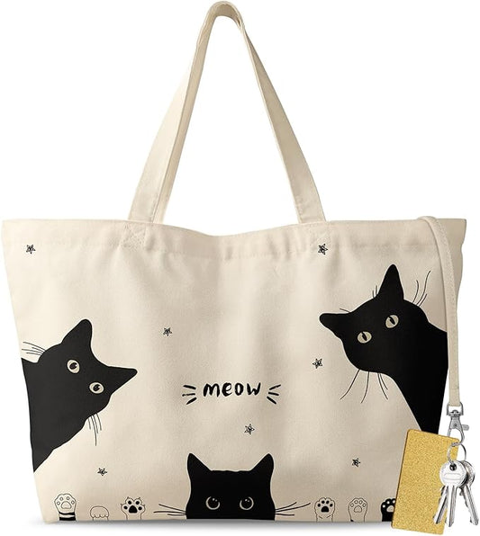 Large Tote Bag for Women - Aesthetic Cute Big Canvas Bags with Zipper Cotton Shoulder Bag for Gym, Travel, Work