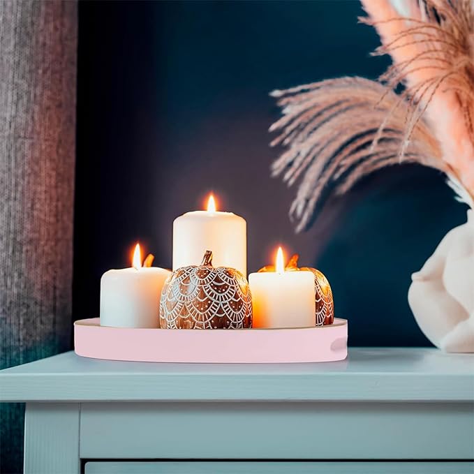 Pink Decorative Tray,Elegant Round Plastic Serving Tray with Handles,Round Ottoman Trays Coffee Table Trays for Living Room,Home Decor 13"