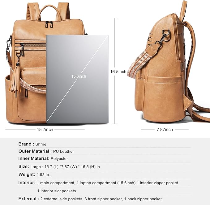 Shrrie 15.6 inch Laptop Backpack for Women,Large Leather Purse,Travel Backpacks Carry on,Water Resistant Casual Laptop Backpacks,College Backpack,Work Backpack for Women,Two-tone Camel Brown