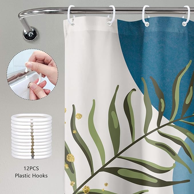 Blue Gray Boho Shower Curtain Dusty Blue Gold Leaves Modern Bohemian Abstract Mid Century Minimalist Grey Plant Bathroom Decor Geometric Arch 60Wx72H Bath Curtain Fabric Polyester 12 Pack Hooks