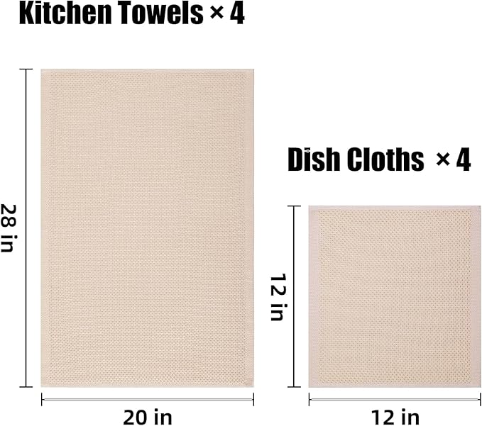 Homaxy 100% Cotton Kitchen Towels and Dishcloths Set, Large 12 x 12 Inches and 20 x 28 Inches, Set of 8 Bulk Kitchen Towels Set, Ultra Soft Absorbent Dish Cloths for Washing Dishes, Beige