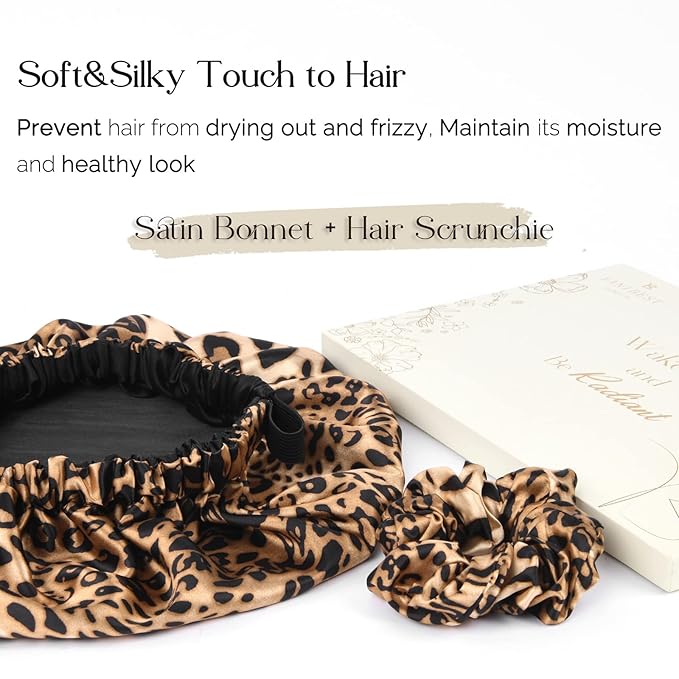 YANIBEST Adjustable Silk Bonnet Double Layer Satin Bonnet Hair Bonnet for Sleeping Bonnets for Women Hats Curly Natural Hair, Bold Cheetah
