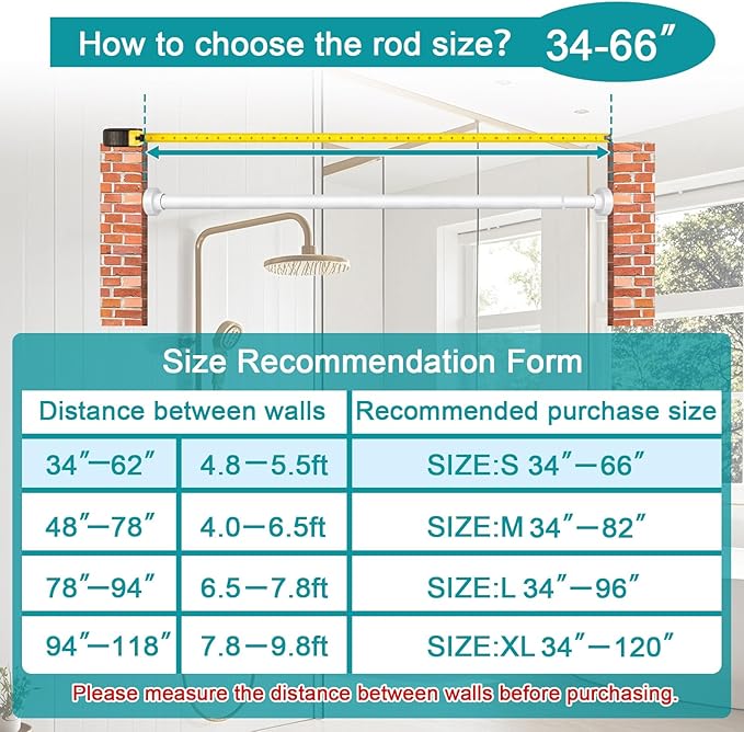 YNL Tension Shower Curtain Rod 34-66 Inch, Adjustable Spring Tension Curtain Rod No Drilling, Non-Slip, Never Rust, Stainless Steel, for Small Window Laundry Door Entryway,White