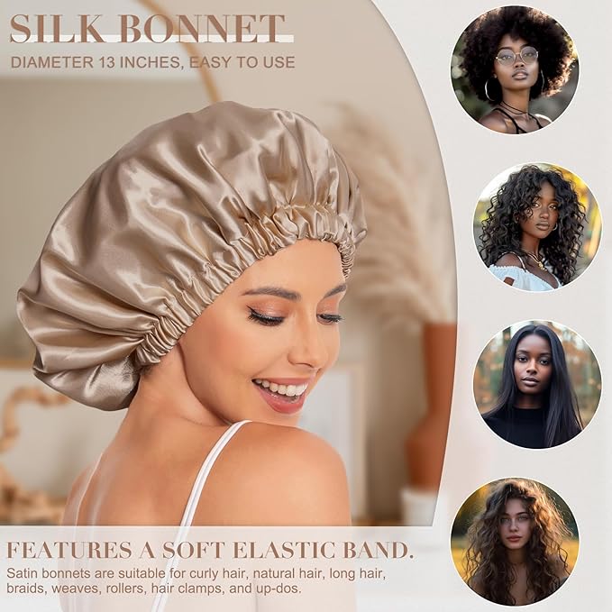 Satin Bonnet Silk Bonnet Hair Bonnet for Sleeping-Slouchy Beanie Hat Satin Sleep Cap for Women's Natural & Curly Hair(Khaki)