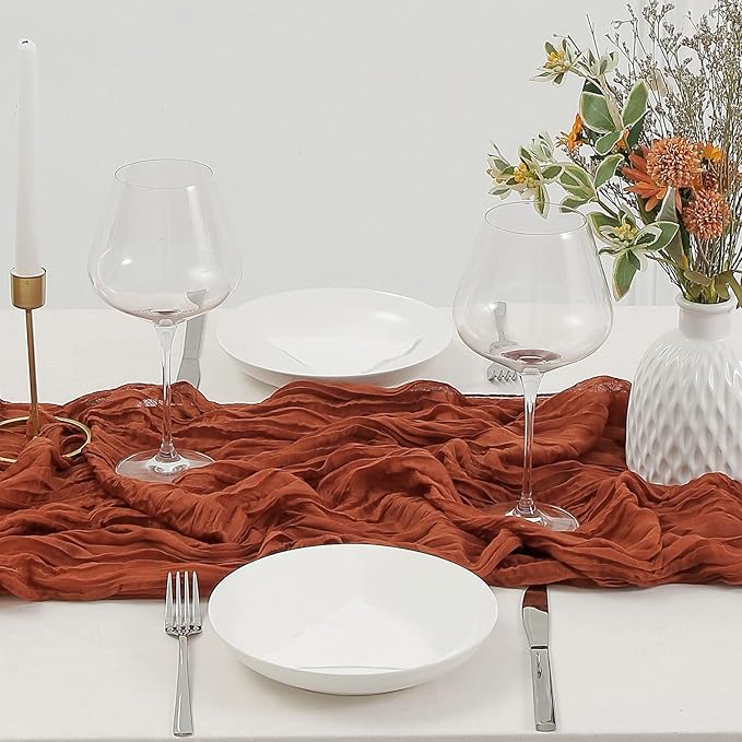 10Pack Thanksgiving Cheesecloth Table Runners Fall Cheese Cloth Table Runner 10ft Rust Boho Table Runner Rustic Gauze Long Runner for Thanksgiving Day Wedding Decorations Party Table Decorations