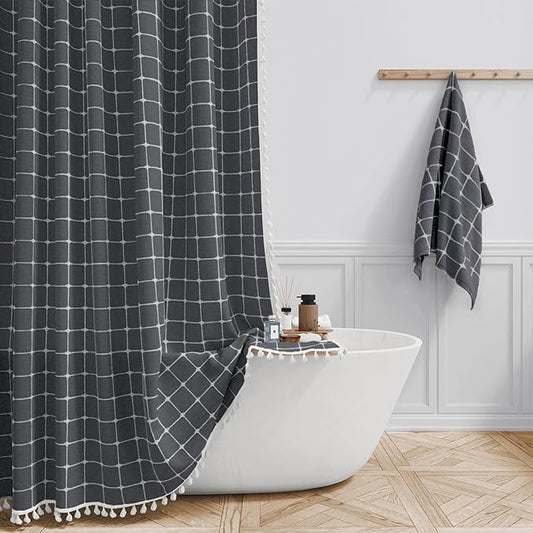 BTTN 60 Inch Boho Farmhouse Linen Weighted Fabric Shower Curtain Set with 10 Plastic Hook, Narrow Bohemian Country Decorative Curtain for Bathroom - 60x72 - Charcoal Grey