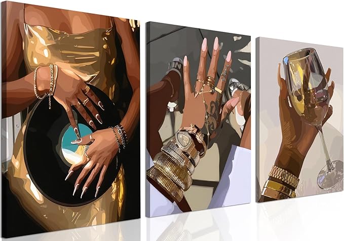 Black Girl wall Art Set of 3, African American Woman Wall Decor Fashion Gold People Music Poster Canvas Prints Paintings Pictures for Bedroom Living Room Decoration 12x16 inch Framed