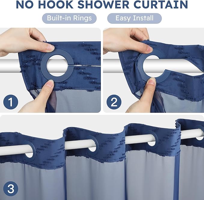 No Hook Shower Curtain and Snap in Liner Set Navy Blue Tufted Chevron Striped Cloth Waterproof Washable Fabric Boho Bath Curtain with See Through Mesh Top Window for Bathroom Hotel 71" x 74"