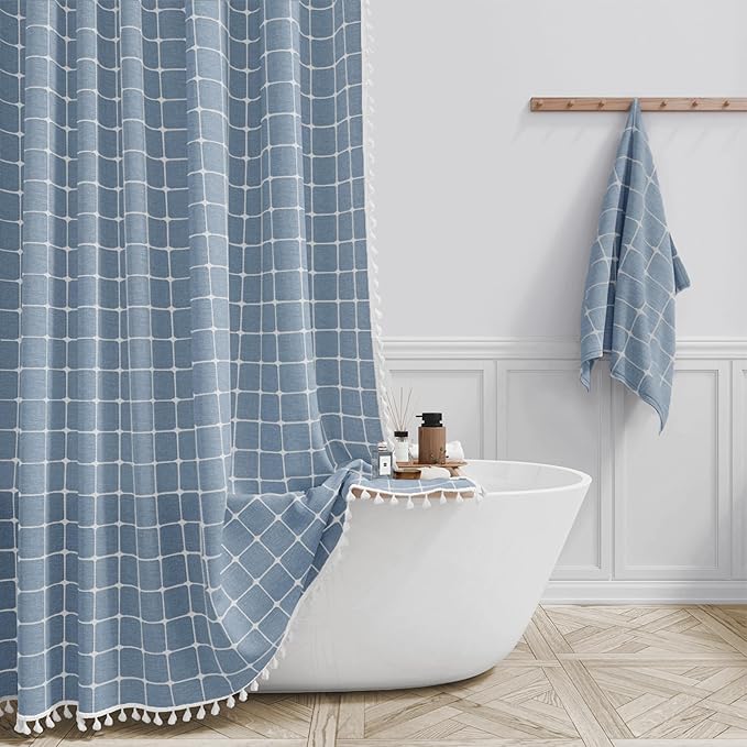 BTTN Extra Long Shower Curtain - 72x84 Inch Long Boho Chic Tassel Linen Fabric Shower Curtain Set with Hooks, Tall Modern Farmhouse Elegant Heavy Duty Thick Cloth Shower Curtains for Bathroom - Blue