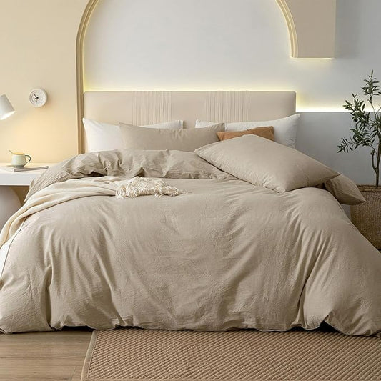 JIYUAN 100% Washed Cotton Duvet Cover Set 2 Pieces Twin, 1 Duvet Cover 68x90 Inches(Comforter Not Included) and 1 Pillowcases,Linen Feel Bedding Set Comfy and Breathable, Heathered Tan