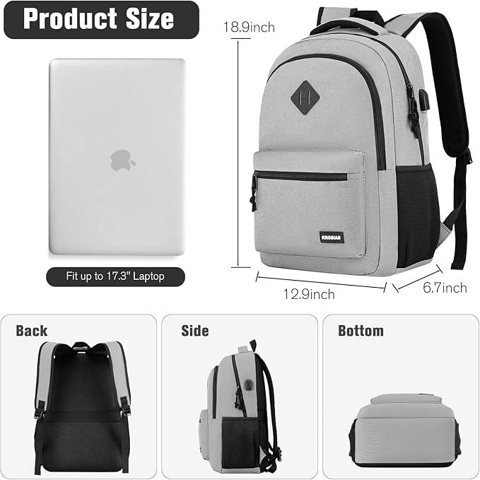 Backpack for Men and Women, School Backpack Teens Boys and Girls 17.3 Inch Laptop Bookbag with USB Charger for High School College Work Travel Business (Gray)