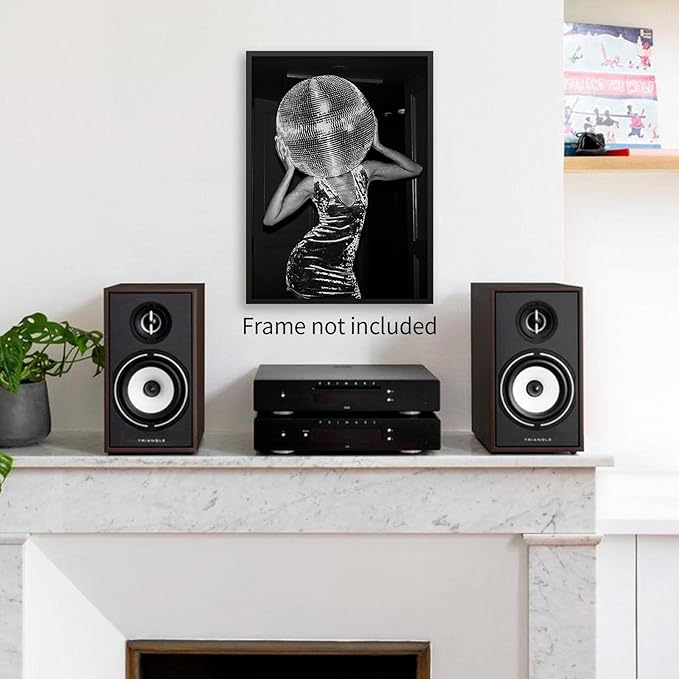 Sufeasdf Vintage Funky Y2k Hot Girl Poster Black and White Disco Ball Canvas Wall Art Trendy Preppy Bar Cart Decor for Living Room Dorm 16x24 inch Unframed