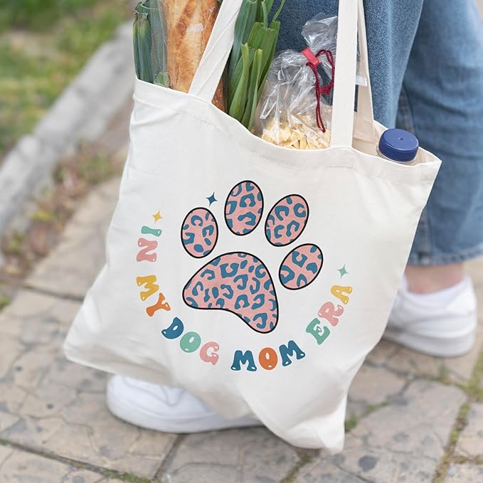 Dog Mom Canvas Tote Bags - Reusable Grocery Bags for Shopping, Funny Dog Lover Gifts for Women