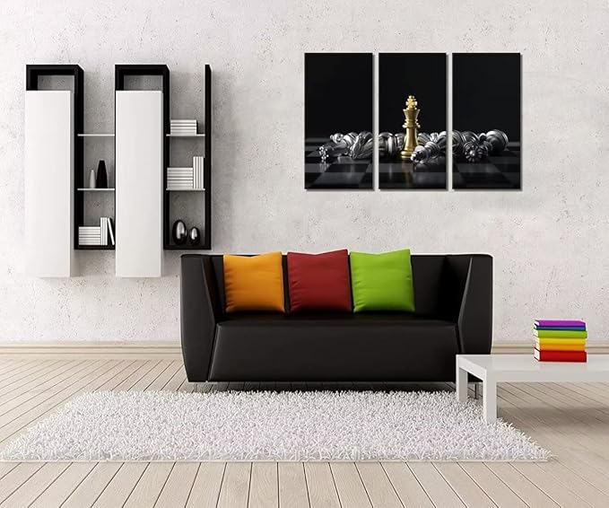 Chess Canvas Wall Art Black and Gold Wall Decor King and Queen Checkerboard Pieces Painting for Living Room Bedroom Classroom King Wins Game Pictures Prints Poster Artworks (40''H x 60''W)