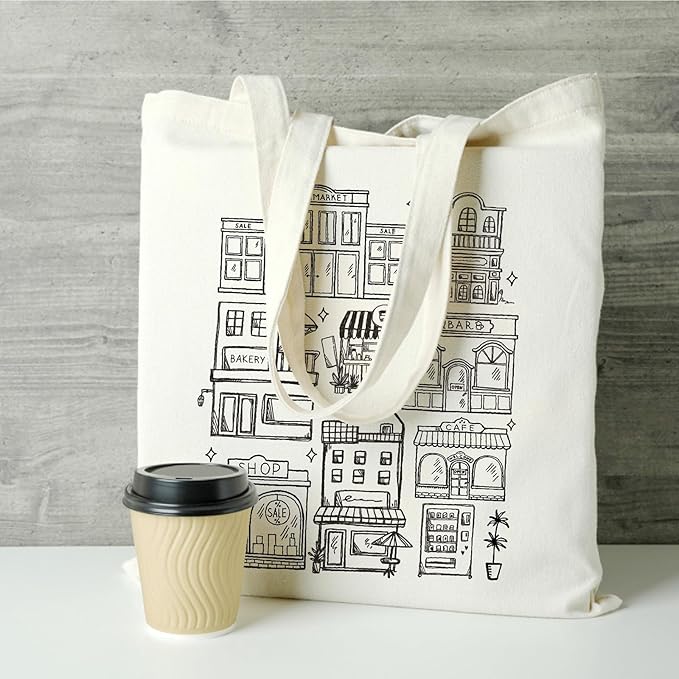 Aesthetic Tote Bag Vintage Street House Building Tote Bag Cute Cotton Canvas Bag for Women Gift Bag Reusable Grocery Bag Shopping Beach Shoulder Bag