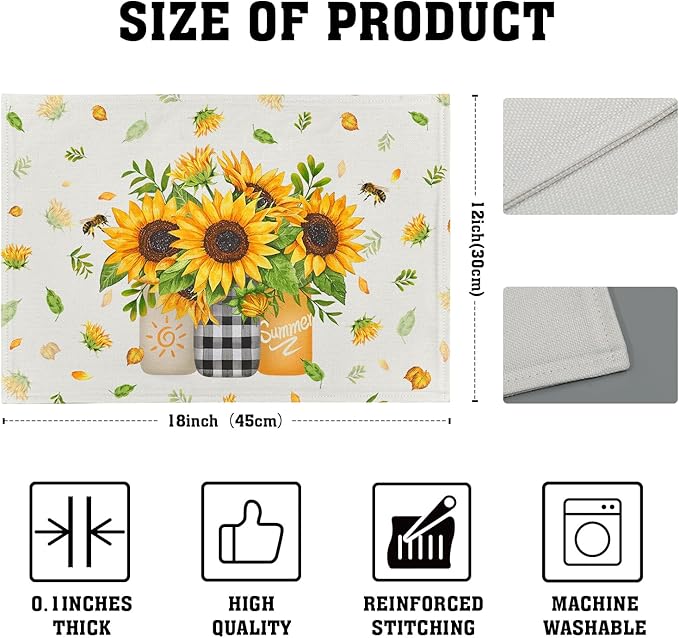Giwawa Sunflower Vases Placemats Set of 4 Summer Bee Yellow Floral Mason Jar Place Mat 12x18 Inch Stain Heat Resistant Linen Table Mats for Kitchen Dining Seasonal Party Decor