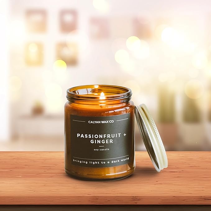 Calyan Wax Co. Soy Wax Candle, Passionfruit + Ginger Scented Candle, 57 Hour Burn Time, Aromatherapy Soy Candles, Non Toxic & Vegan Soy Wax, Amber Glass Jar Scented Candles, 7.2oz