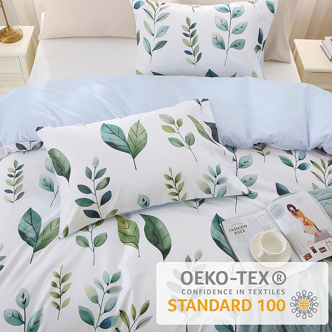 Duvet Cover King Size, Reversible Floral Vintage Duvet Cover Set with Zipper Closure, 3 Pieces Botanical Patterns Soft Microfiber Bedding Set (90"x104", 2 Pillow Cases 20"×36", Green Foliage White)