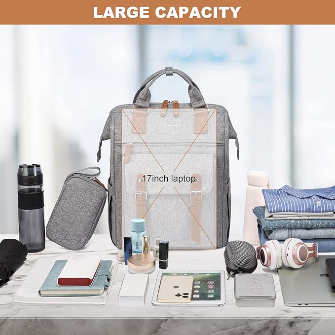 LOVEVOOK Laptop Backpack for Women Work Travel Commuter Teacher Backpack Business Computer Bag Doctor Nurse Bags College Backpack Purse, 17 Inch, Grey-brown