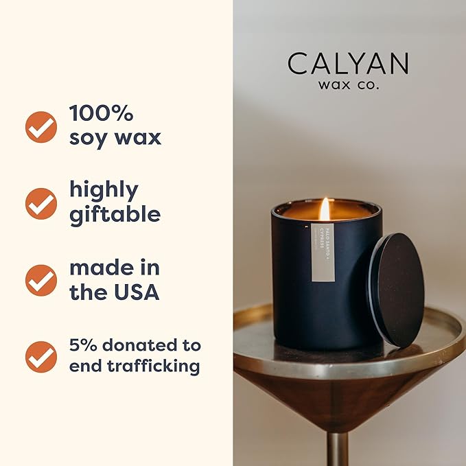Calyan Wax Co. Soy Wax Candle, Rosewood + Amber Scented Candle, 75 Hour Burn Time, Aromatherapy Soy Candles, Non Toxic & Vegan Soy Wax, Black Tumbler Scented Candles, 10.2oz