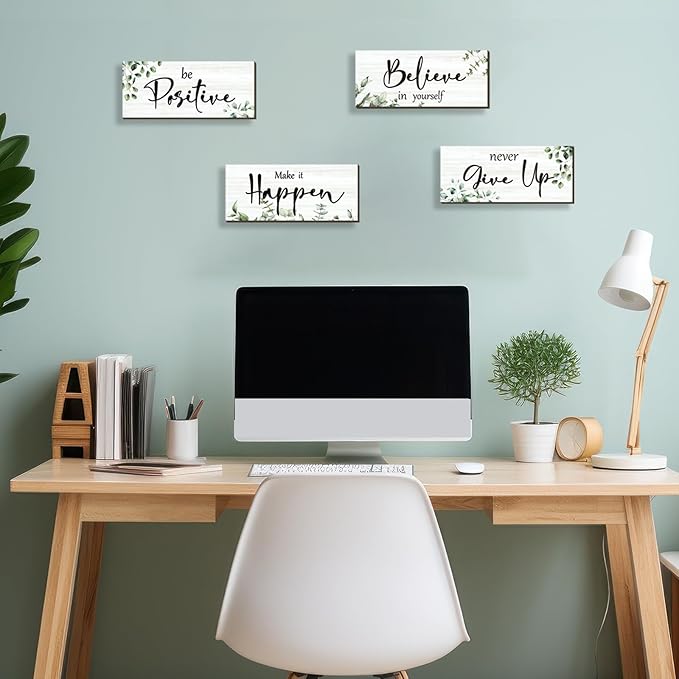4 Pcs Green Office Decor For Women Motivational Wall Decor Inspirational Office Wall Decor With Positive Sayings Wooden Hangings for Home Office Bathroom Bedroom Kitchen(Green Leaf 10x4")