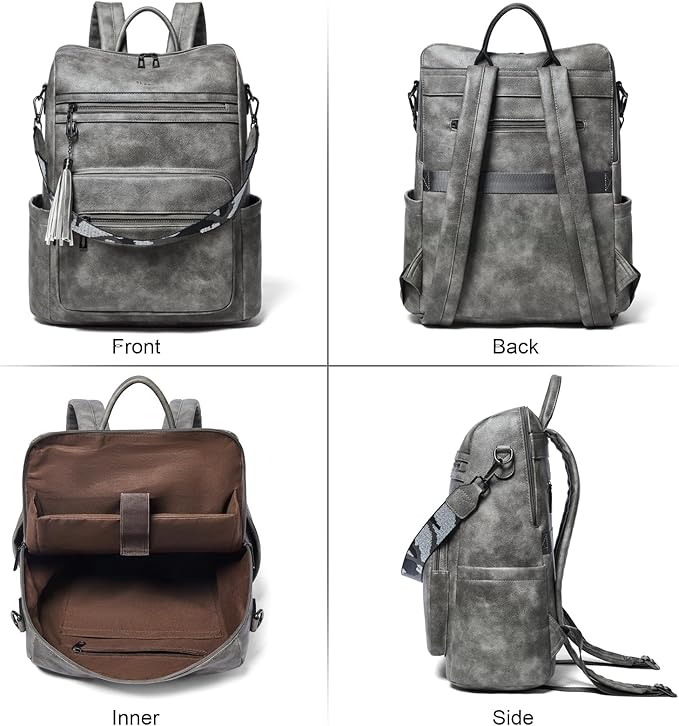 Shrrie 15.6 inch Laptop Backpack for Women,Large Leather Purse,Travel Backpacks Carry on,Water Resistant Casual Laptop Backpacks,College Backpack,Work Backpack for Women,Two-toned Deep Gray