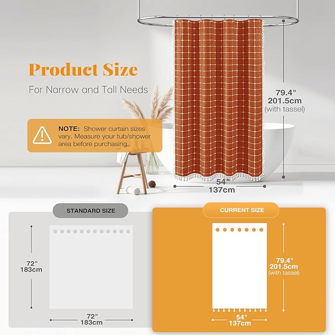 BTTN Stall Fabric Shower Curtain - 54x78 Inches Boho Linen Heavy Duty Tassel Shower Curtain Set with 10 Hooks, Narrow Rustic Modern Farmhouse Neutral Thick Shower Curtains for Bathroom - Brunt Orange