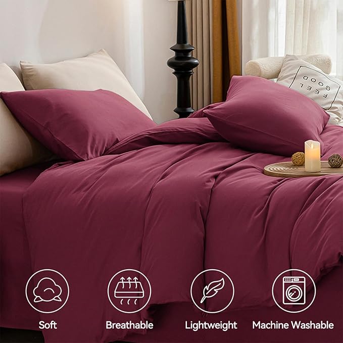 JELLYMONI Burgundy Duvet Cover King Size - 100% Washed Cotton Linen Like Textured Comforter Cover, 3 Pieces Breathable Soft Bedding Set with Zipper Closure (Burgundy, King 104"x90")
