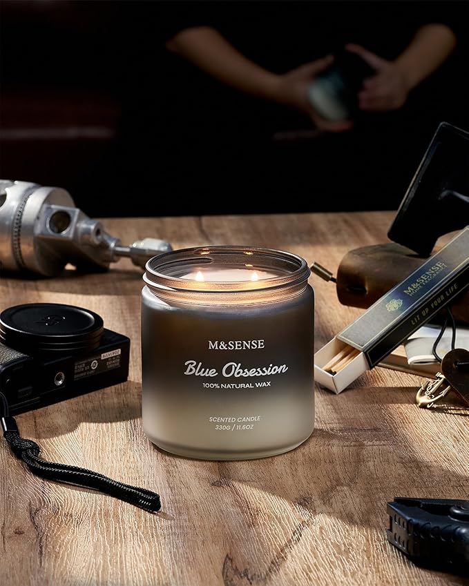 M&SENSE Amber Lavender Scented Candle for Men, 11.6oz 2 Wick Large Natural Soy Wax 70 Hours Highly Scented Home Fragrance